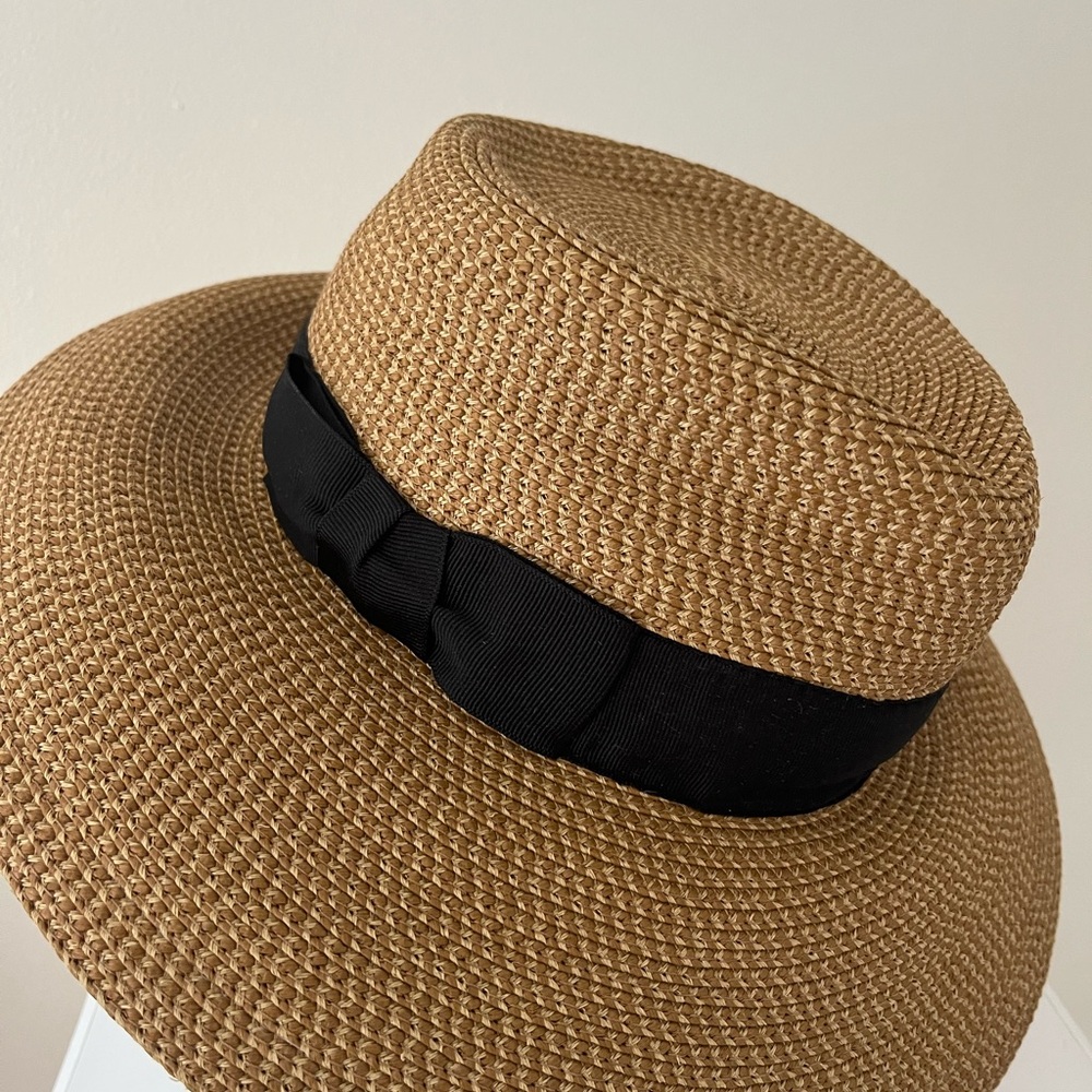 Eric Javits Tan Woven Hat with Black Ribbon Band